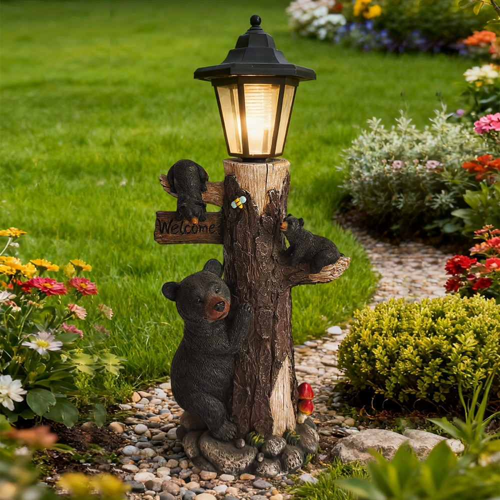 Outdoor Lighting On Trees - Statue d'ours noir avec panneau de